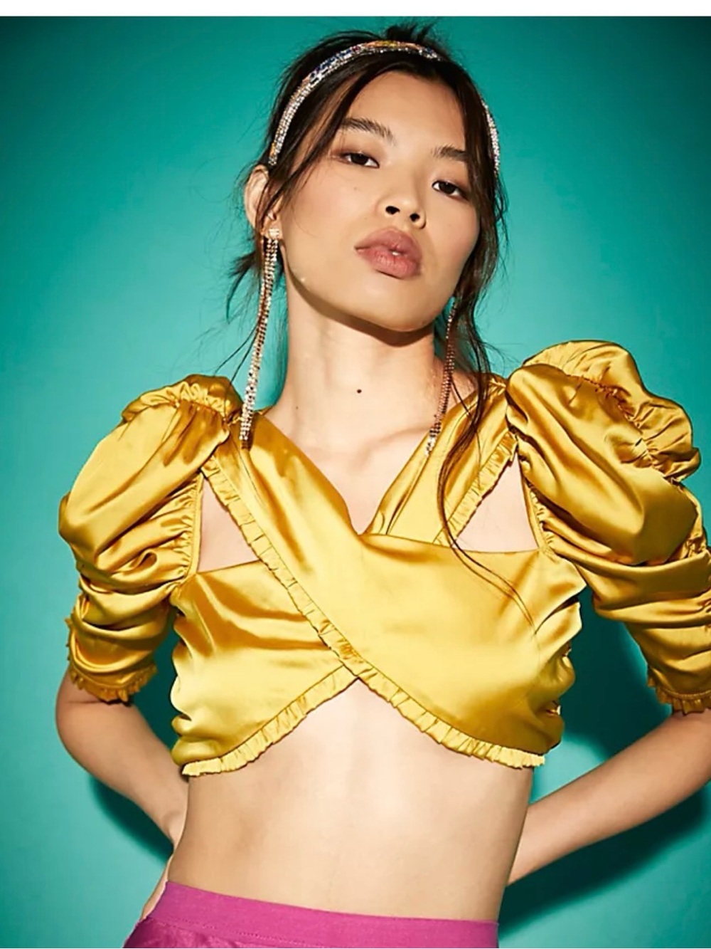 For Love & Lemons Alia Yellow Satin Crop Top & Mini Skirt Set – XS